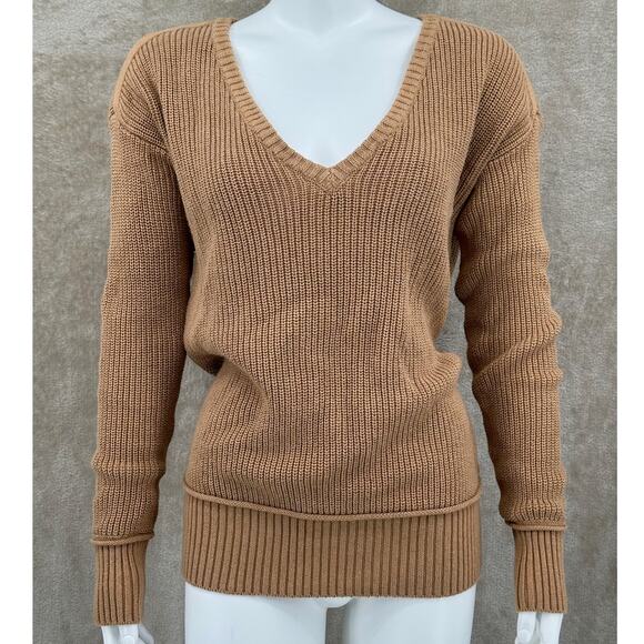 Minnie Rose Sweaters - Minnie Rose Sweater Womens Small Tan Knit V-Neck‎ 100% Cotton Minimalist Autumn